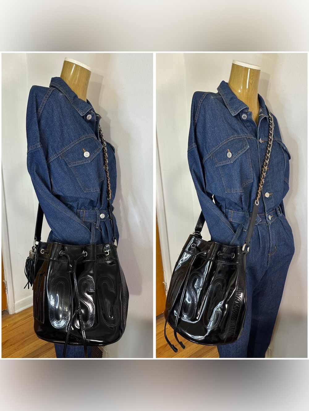 Moschino Patent Leather Drawstring Bucket Bag